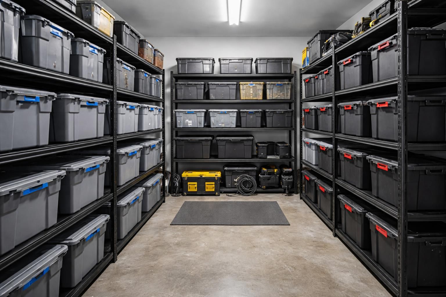 optimisez votre espace de rangement en aménageant votre box avec des étagères métalliques robustes et des caissons en plastique étanches pour une organisation pratique et durable.