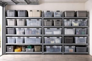 optimisez votre box de rangement avec des étagères métalliques robustes et des caissons en plastique étanches pour un espace organisé et protégé.